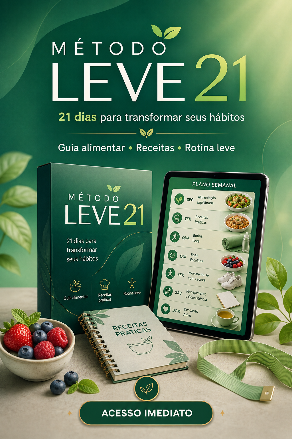 Apresentação do Método Leve 21 com guia, tablet e livro de receitas